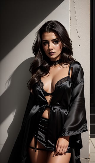 Gothic style, 1girl, (looking_at_viewer:1.3), (solo), (Leaning against a wall:1), black satin robe, black satin sleevless cami, black satin skirt, insanely detailed. instagram photo, kodak portrat, natural make up, urban environments, and seascapes. . Elegant, sophisticated, high-end, luxurious, professional, highly detailed perfect eyes Dark, mysterious, haunting, dramatic, ornate, detailed,more detail XL,see-through,sexy lingerie