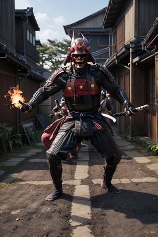 ((samurai with mask)), yoroi,
kabuto, samurai in epic attack position
masterpiece,best quality,cinematic lighting,soft Light,Epic Japanese jumping, ,athletic body,white skin,holding katana,(samurai helmet:1.1),full body,from front,perfect hands,from a distance,samurai
BREAK
(background war battle ), background:1.2),ghostrider