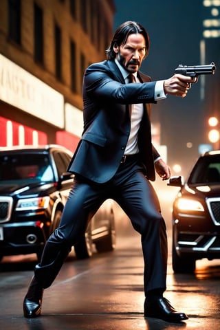 masterpiece, excellent quality, 8k, photo realistic man John Wick with ,pointing a gun,correct hands, correct position, running, shooting, thriller style, aggressive pose, modern black and white Gucci suit, armed gun, photorealistic, highly detailed, blurry photo, intricate, incredibly detailed, super detailed, gangster texture, detailed , crazy, soft lights and shadows,comicstyle