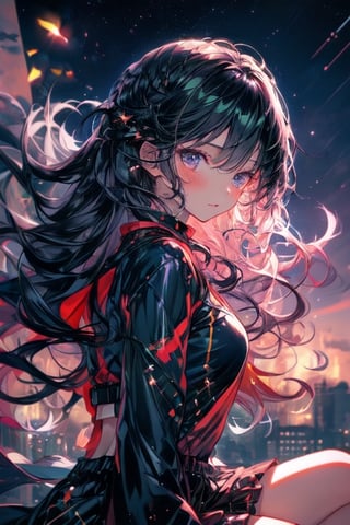 1girl,solo,black long hair,sitting on roof top,sad,wind blowing,hair flying, night time full of stars,firefliesfireflies,Magic Forest,score_9_up,pastelbg