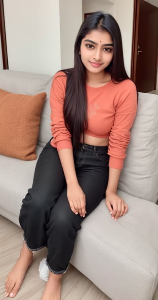 beautiful cute young attractive indian, smart girl, 22 years old, cute, Instagram model , straight standing position, long black_hair, colorful hair, warm, dacing, in home sit at sofa, indian, wearing clothes