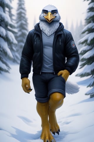 anthro eagle, male, full body, portrait, plantigrade legs, yellow talons, yellow legs, wide spread claws, bomber jacket, winter, one leg up, walking towards viewer