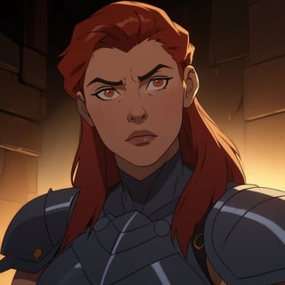 masterpiece, dramatic lighting, redhead, long hair, asymmetrical bob, human, young female, leather armor, warrior, closeup, light skin, calm