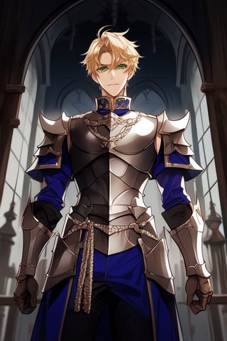 Tall,  handsome young man,  green eyes,blonde hair, ,  medieval, powerful,viewed_from_below,  short hair, 23 years old,villain,duke,  blue  uniform,silver full plate armor, medieval,levi ackerman hairstyle,castle