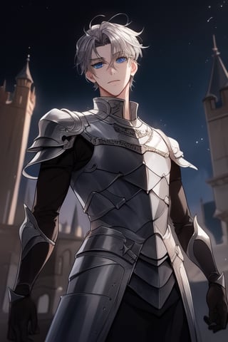 Tall,  handsome young teenage,  blue eyes, dark silver hair, ,  medieval, powerful,viewed_from_below,  short hair, 18 years old,  silver armor medieval,levi ackerman hairstyle,castle