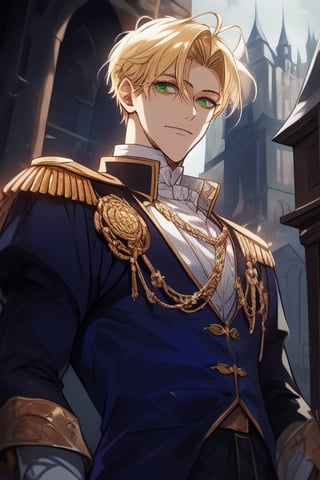 Tall,  handsome young man,  green eyes,blonde hair, ,  medieval, powerful,viewed_from_below,  short hair, 20 years old,villain,duke,  blue  uniform, medieval,levi ackerman hairstyle,castle,at 12 pm