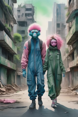 blue pencil lines, lavish watercolor wash, (full body shot), In the midst of a futuristic cityscape, ((facing the viewer)), walking down a dilapidated avenue, a babboon with a pink face is standing upright beside a girlfriend, wearing a dark green jumpsuit