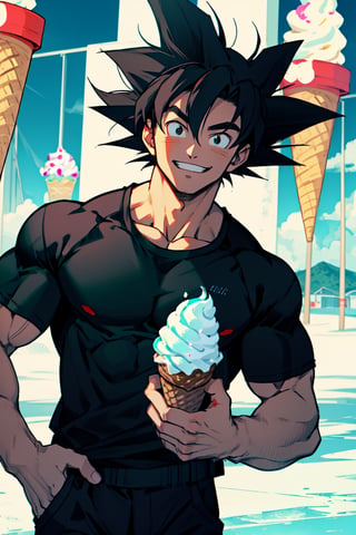 Highly detailed, High Quality, Masterpiece, beautiful,Son goku,Black t-shirt, black pants, right hand holding a cone with ice cream, smiling,