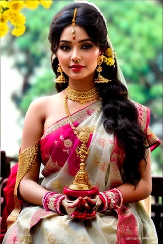 a newly wed bengali women, stunning, 4k, bloom, bokeh, masterpiece, award winning, ultra high detail.