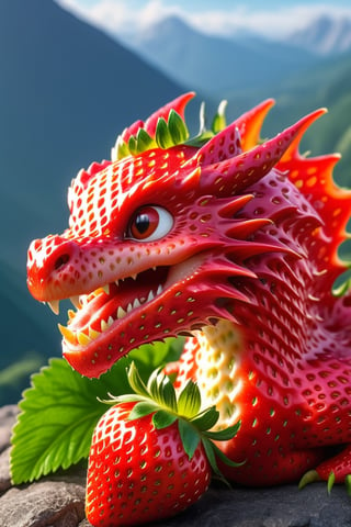 strwbrrxl, detailed realistic close up of  a dragon textured strawberry red skin, , smiling, sitting, natural light, magical, mountain background, , solo, very detailed, 4k, masterpiece, morph, photo realistic, RAW photo, subject, 8k uhd,sharpened focus soft, lighting, high quality, The surface of the strawberry is dotted with numerous small seeds and has a bright red color, which is typical for ripe strawberries, strwbrrxl
