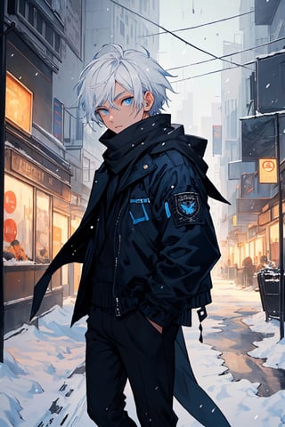 (((perfect pixels, perfect details))), alone, 1 boy, short hair, white hair, hair on one side, spiky hair, pixie cut light blue eyes, black scarf, blue and black jacket, black pants, in a city snowfall,nodf_lora,blue eyes