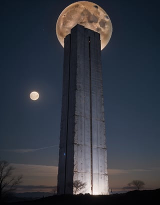 A well like monolith, Blue radiant energy eminating from the top. On a dark night. With a full moon. 