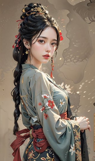 Natural Light, (Best Quality, highly detailed, Masterpiece:1.2), 16k, depth of field, ((wide shot)), 1girl A lady with long black hair, Full body picture,Tang Dynasty Clothing, dark green silk thread, Transparent watercolor, splash ink rendering, chaos rendering, (beautiful and detailed eyes), (realistic detailed skin texture), (detailed hair), (realistic light and shadow), (clean outline, sketch style line art),ink splash,solid color background