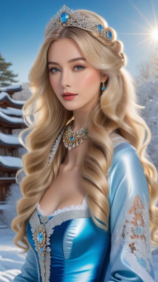 best quality, masterpiece,	
Amidst the winter wonderland of Japen, a beautiful girl with very long wavy blonde hair stands out against the snow-covered landscape, embodying the elegance of Rococo style. Her attire, a harmonious blend of the latest fashion trends and traditional Russian elements, dazzles with ornate jewelry that sparkles like the icy terrain around her. This enchanting scene, set against the backdrop of a quintessential Japen setting, showcases her as a modern-day princess, bridging the gap between the opulence of the past and the chic style of the present.
ultra realistic illustration, siena natural ratio, ultra hd, realistic, vivid colors, highly detailed, UHD drawing, perfect composition, ultra hd, 8k, he has an inner glow, stunning, something that even doesn't exist, mythical being, energy, molecular, textures, iridescent and luminescent scales, breathtaking beauty, pure perfection, divine presence, unforgettable, impressive, breathtaking beauty, Volumetric light, auras, rays, vivid colors reflects.,science fiction,photo r3al,Ye11owst0ne,DonMM1y4XL