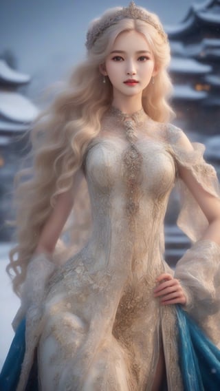 best quality, masterpiece,	smiling
Amidst the winter wonderland of Japen, a beautiful girl with very long wavy blonde hair stands out against the snow-covered landscape, embodying the elegance of Rococo style. Her attire, a harmonious blend of the latest fashion trends and traditional Russian elements, dazzles with ornate jewelry that sparkles like the icy terrain around her. This enchanting scene, set against the backdrop of a quintessential Japen setting, showcases her as a modern-day princess, bridging the gap between the opulence of the past and the chic style of the present.
ultra realistic illustration, siena natural ratio, ultra hd, realistic, vivid colors, highly detailed, UHD drawing, perfect composition, ultra hd, 8k, he has an inner glow, stunning, something that even doesn't exist, mythical being, energy, molecular, textures, iridescent and luminescent scales, breathtaking beauty, pure perfection, divine presence, unforgettable, impressive, breathtaking beauty, Volumetric light, auras, rays, vivid colors reflects.,science fiction,photo r3al,Ye11owst0ne,DonMM1y4XL,Masterpiece,koh_yunjung