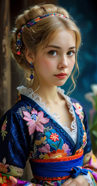 (Beautiful German girl),beautiful blonde hair,beautiful blue iris, wearing a Baroque-style dirndl with vibrant colors, infused with Japanese elements. The dress combines intricate lace and embroidery with colorful kimono-inspired patterns. A wide obi belt cinches her waist, while puffed sleeves and delicate accessories complete the look, showcasing a striking fusion of cultures.,ct-drago,better photography