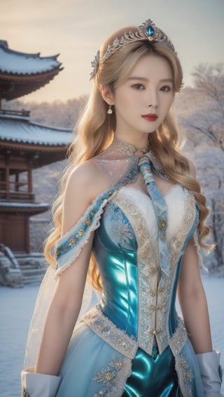best quality, masterpiece,	smiling
Amidst the winter wonderland of Japen, a beautiful girl with very long wavy blonde hair stands out against the snow-covered landscape, embodying the elegance of Rococo style. Her attire, a harmonious blend of the latest fashion trends and traditional Russian elements, dazzles with ornate jewelry that sparkles like the icy terrain around her. This enchanting scene, set against the backdrop of a quintessential Japen setting, showcases her as a modern-day princess, bridging the gap between the opulence of the past and the chic style of the present.
ultra realistic illustration, siena natural ratio, ultra hd, realistic, vivid colors, highly detailed, UHD drawing, perfect composition, ultra hd, 8k, he has an inner glow, stunning, something that even doesn't exist, mythical being, energy, molecular, textures, iridescent and luminescent scales, breathtaking beauty, pure perfection, divine presence, unforgettable, impressive, breathtaking beauty, Volumetric light, auras, rays, vivid colors reflects.,science fiction,photo r3al,Ye11owst0ne,DonMM1y4XL,Masterpiece,koh_yunjung,xxmix_girl