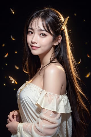 masterpiece, best quality, photorealistic, raw photo, 1girl, long hair, blouse, light smile, detailed skin, pore, off_shoulder, low key, black_background,firefliesfireflies
