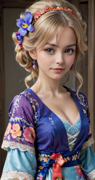 (Beautiful German girl),beautiful blonde hair,beautiful blue iris, wearing a Baroque-style dirndl with vibrant colors, infused with Japanese elements. The dress combines intricate lace and embroidery with colorful kimono-inspired patterns. A wide obi belt cinches her waist, while puffed sleeves and delicate accessories complete the look, showcasing a striking fusion of cultures.,ct-drago,better photography,FilmGirl