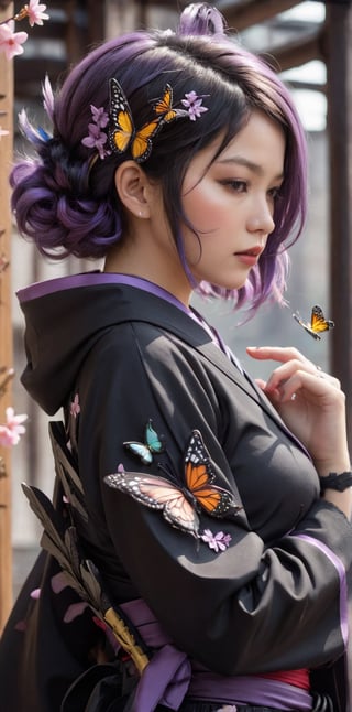 1girl, solo, short hair, black hair, hair ornament, closed eyes, purple hair, multicolored hair, parted lips, japanese clothes, hand up, nail polish, blurry, from side, lips, petals, eyelashes, profile, bug, butterfly, butterfly hair ornament, haori, demon slayer uniform, butterfly on hand, kochou shinobu