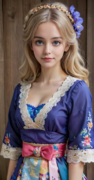 (Beautiful German girl),beautiful blonde hair,beautiful blue iris, wearing a Baroque-style dirndl with vibrant colors, infused with Japanese elements. The dress combines intricate lace and embroidery with colorful kimono-inspired patterns. A wide obi belt cinches her waist, while puffed sleeves and delicate accessories complete the look, showcasing a striking fusion of cultures.,ct-drago,better photography,FilmGirl