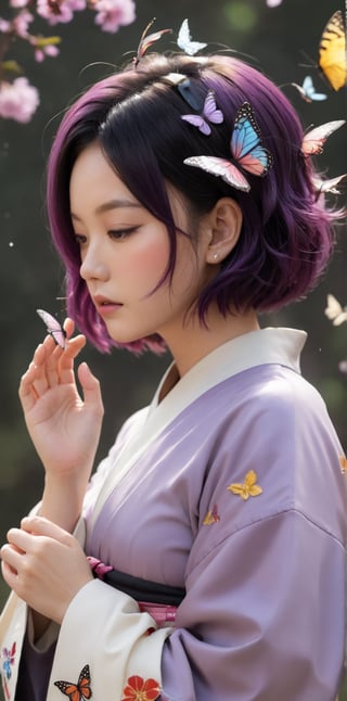 1girl, solo, short hair, black hair, hair ornament, closed eyes, purple hair, multicolored hair, parted lips, japanese clothes, hand up, nail polish, blurry, from side, lips, petals, eyelashes, profile, bug, butterfly, butterfly hair ornament, haori, demon slayer uniform, butterfly on hand, kochou shinobu,xxmix_girl