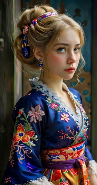 (Beautiful German girl),beautiful blonde hair,beautiful blue iris, wearing a Baroque-style dirndl with vibrant colors, infused with Japanese elements. The dress combines intricate lace and embroidery with colorful kimono-inspired patterns. A wide obi belt cinches her waist, while puffed sleeves and delicate accessories complete the look, showcasing a striking fusion of cultures.,ct-drago,better photography