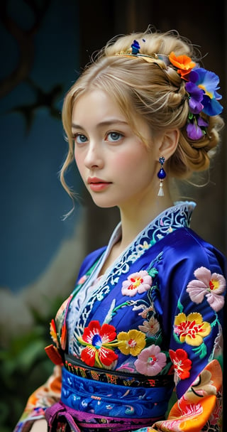 (Beautiful German girl),beautiful blonde hair,beautiful blue iris, wearing a Baroque-style dirndl with vibrant colors, infused with Japanese elements. The dress combines intricate lace and embroidery with colorful kimono-inspired patterns. A wide obi belt cinches her waist, while puffed sleeves and delicate accessories complete the look, showcasing a striking fusion of cultures.,ct-drago,better photography