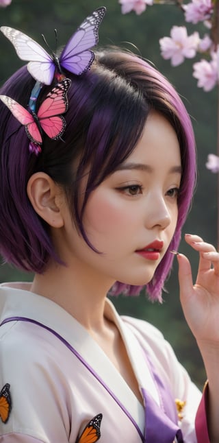 1girl, solo, short hair, black hair, hair ornament, closed eyes, purple hair, multicolored hair, parted lips, japanese clothes, hand up, nail polish, blurry, from side, lips, petals, eyelashes, profile, bug, butterfly, butterfly hair ornament, haori, demon slayer uniform, butterfly on hand, kochou shinobu,xxmix_girl