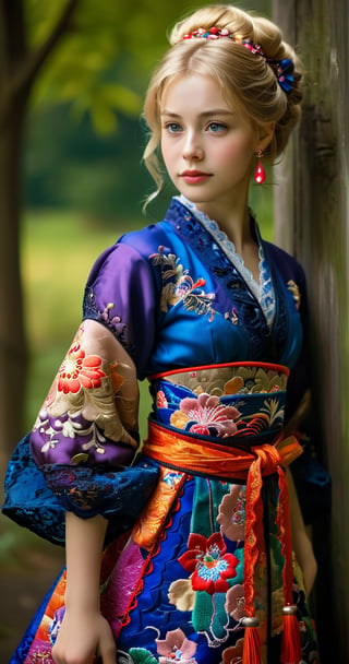 (Beautiful German girl),beautiful blonde hair,beautiful blue iris, wearing a Baroque-style dirndl with vibrant colors, infused with Japanese elements. The dress combines intricate lace and embroidery with colorful kimono-inspired patterns. A wide obi belt cinches her waist, while puffed sleeves and delicate accessories complete the look, showcasing a striking fusion of cultures.,ct-drago,better photography