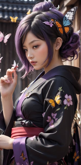 1girl, solo, short hair, black hair, hair ornament, closed eyes, purple hair, multicolored hair, parted lips, japanese clothes, hand up, nail polish, blurry, from side, lips, petals, eyelashes, profile, bug, butterfly, butterfly hair ornament, haori, demon slayer uniform, butterfly on hand, kochou shinobu