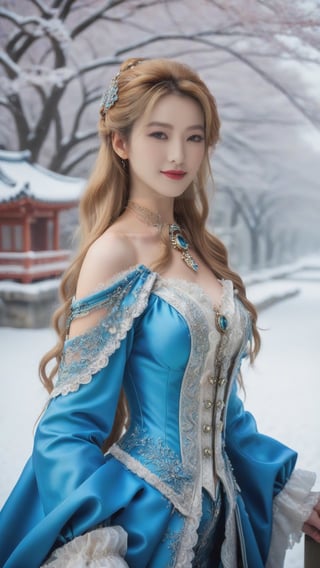best quality, masterpiece,	smiling
Amidst the winter wonderland of Japen, a beautiful girl with very long wavy blonde hair stands out against the snow-covered landscape, embodying the elegance of Rococo style. Her attire, a harmonious blend of the latest fashion trends and traditional Russian elements, dazzles with ornate jewelry that sparkles like the icy terrain around her. This enchanting scene, set against the backdrop of a quintessential Japen setting, showcases her as a modern-day princess, bridging the gap between the opulence of the past and the chic style of the present.
ultra realistic illustration, siena natural ratio, ultra hd, realistic, vivid colors, highly detailed, UHD drawing, perfect composition, ultra hd, 8k, he has an inner glow, stunning, something that even doesn't exist, mythical being, energy, molecular, textures, iridescent and luminescent scales, breathtaking beauty, pure perfection, divine presence, unforgettable, impressive, breathtaking beauty, Volumetric light, auras, rays, vivid colors reflects.,science fiction,photo r3al,Ye11owst0ne,DonMM1y4XL,Masterpiece,koh_yunjung,xxmix_girl