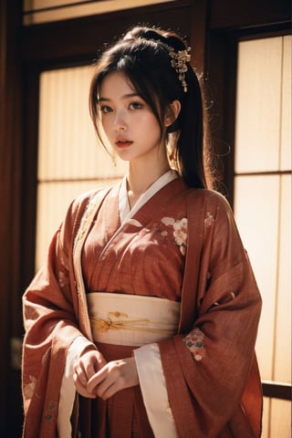 flat illustration of beautiful young Japanese woman weared in traditional Japanese_attire, messy hairstyle, background and drawning in Tim Berton style, close interweaving of realism and symbolism in cyberpunk style, pale neon lighting, dark shadows. aesthetic and beautiful picture, winner of various awards, trending on popular magazines, creative masterpiece, @imageized