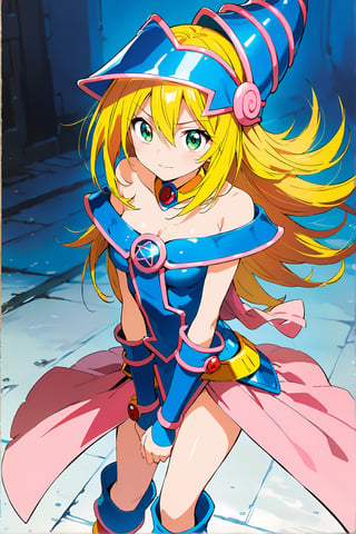Dark_Magician_Girl, 1girl, solo, medium_breasts, cleavage, bare shoulders, illustration, detailed, best quality, long_hair, yellow hair, green eyes,  hair between eyes, off shoulders, closed mouth, boots, full_body, depth of field, expressive, Official Art, illustration, anime colored,
