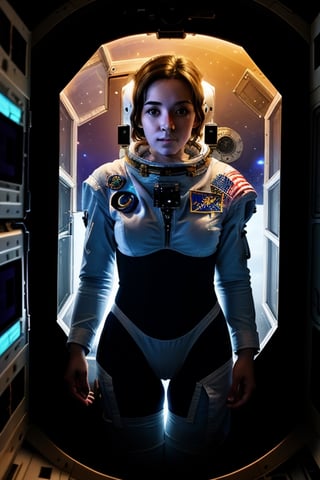a femal astronaut floating inside a space station, as she is heading towards an airlock, preparing to wear her exoskelton suit,  she is just in her underwears, 