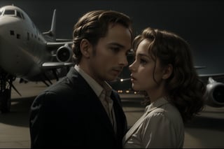 A scene from "Casablanca" movie. romantic, monocromatic, 1940s airplane in the background