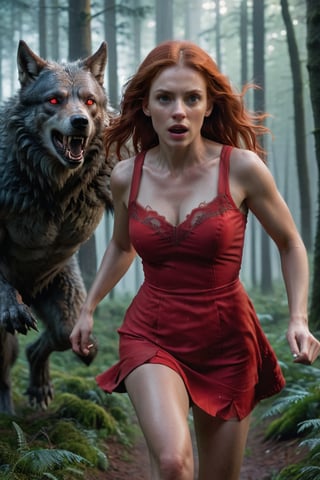A mesmerizing and ultra-detailed werewolf, is running after a mystical woman with striking red hair. Woman wears a red short dress. The setting is a misty forest, illuminated by dramatic lighting that highlights the emotional depth of the scene. Captured in 8k UHD and HDR, the high-resolution image features a shallow depth of field and a grainy, photo-like texture that gives it a cinematic and poster-worthy quality., poster, cinematic, photo