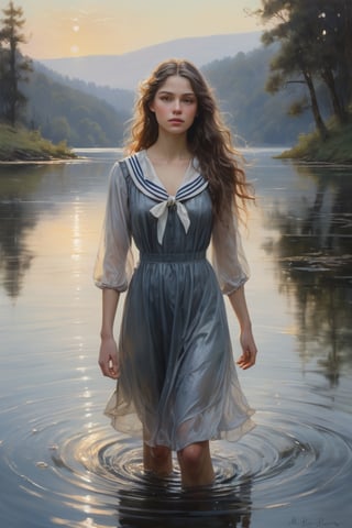 A captivating oil painting depicting a young woman with long, wavy hair, wearing a semi-transparent sailor dress and wet clothes, em

erging from a serene, idyllic lake. The water's surface reflects the soft daylight, casting a warm glow on her face and the surrounding nature. Her hair is slightly damp, and droplets of water cling to her clothing. The background reveals a distant landscape with a grayish, almost dreamy atmosphere. The artist's striking brushstrokes and dynamic lighting create a cinematic quality reminiscent of Old Masters like Konstantin Razumov and Jean Baptiste Monge. The painting evokes a sense of peace, beauty, and connection with nature, while the dark fantasy elements hint at a deeper, mysterious story., illustration, painting, dark fantasy