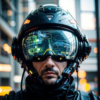 Portrait of a 40 years old man, solo, realistic, science fiction, helmet, cable, cyberpunk, lips, portrait, head-mounted display, blurry, robot, depth of field, blurry background, green eyes, screen, glowing, facing viewer, facial_expressions