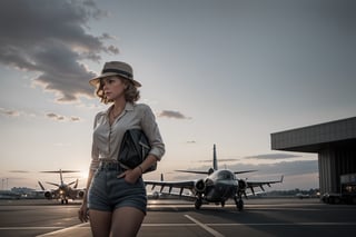 A vintage 1940s airplane, its monochrome body a silhouette against the darkening sky, soars into the distance as Rick Blaine stands alone on the airport tarmac, his fedora clutched in one hand and a look of longing on his face, while Ilsa Lund's figure disappears into the terminal's shadows, the sound of a distant saxophone melody hanging in the air.