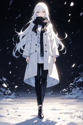 long hair, white hair, light blue eyes, 1 woman, black and white coat, black pants, standing blue scarf, looking at the sky, night, starry sky, snowing, beautiful hands.