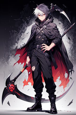 solo, looking at viewer, 1boy, holding, hair between eyes, closed mouth, standing, weapon, gray hair, eyes red , male focus, boots, belt, pants, hood, medium hair, cape, black footwear, holding weapon, gradient, torn clothes, gradient background, black pants, cloak, black cape, scythe, black cloak, holding scythe, torn cape, torn,blad4,anime,ARI1,portrait,DArt