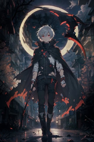 masterpiece, best quality, 1 man, alone, night sky, outdoors, moon, stars, clouds, wind, short silver hair, boots, cape, red eyes, torn clothes, scythe, tree, night, part of the face,
,ARI1,neon background
