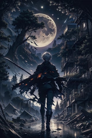 masterpiece, best quality, 1 man, alone, night sky, outdoors, moon, stars, clouds, wind, short silver hair, boots, cape, red eyes, torn clothes, scythe, tree, night,
,ARI1,DArt,Ultra details++ 
