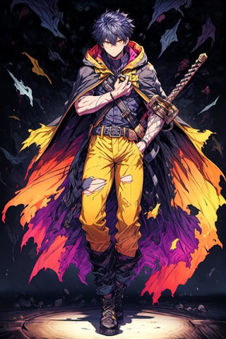 alone, black footwear, 1 boy, boots, belt, hair between eyes, cape, dark blue hair, holding, holding, hood, looking at viewer, male focus, medium hair, middle hair, pants, standing, weapon, yellow eyes weapon, gradient, torn clothes, gradient background, black pants, cape, black cape, Bow, black cape, Bow in hand, torn cape, torn,blad4,anime,ARI1,portrait,DArt