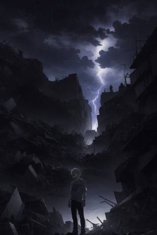 1 men, short hair, silver hair, red eyes, gray t-shirt, black pants, laughing like a psychopath on top of some rubble, perspective profile, dark sky, electrical storm, looking up, shiny eyes, rain, from afarARI1,anime,dark anime,DArt,More Detail
