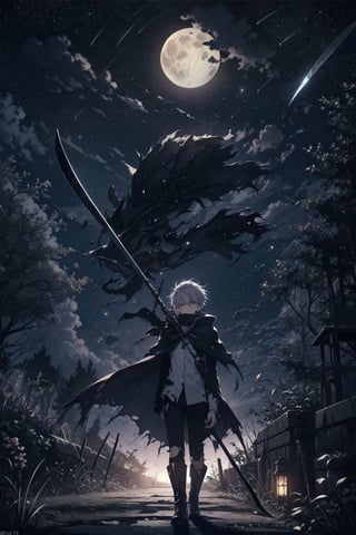 masterpiece, best quality, 1 man, alone, night sky, outdoors, moon, stars, clouds, wind, short silver hair, boots, cape, red eyes, torn clothes, scythe, tree, night,
,ARI1,DArt