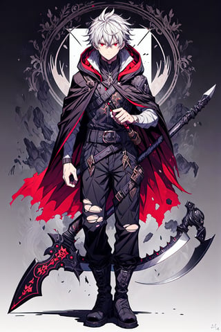 solo, looking at viewer, 1boy, holding, hair between eyes, closed mouth, standing, weapon, gray hair, eyes red , male focus, boots, belt, pants, hood, medium hair, cape, black footwear, holding weapon, gradient, torn clothes, gradient background, black pants, cloak, black cape, scythe, black cloak, holding scythe, torn cape, torn,blad4,anime,ARI1,portrait,DArt