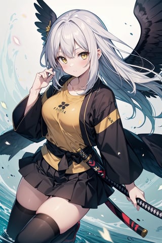 1 girl, long hair, white hair, yellow eyes, big chest, yellow t-shirt, gre skirt, thigh-high mesdias, holding, a katana sword, while floating, katana, black wings.