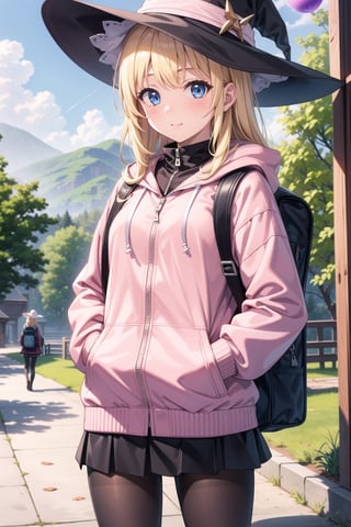 1 girl, alone, long hair, looking at viewer, bangs, blue eyes, blonde hair, long sleeves, mouth closed, standing, jacket, pantyhose, cowboy shot, outdoors, witch hat, black pantyhose, backpack, Hooded jacket, hands in pockets, pink jacket, wooden cane with a purple orb in the middle.